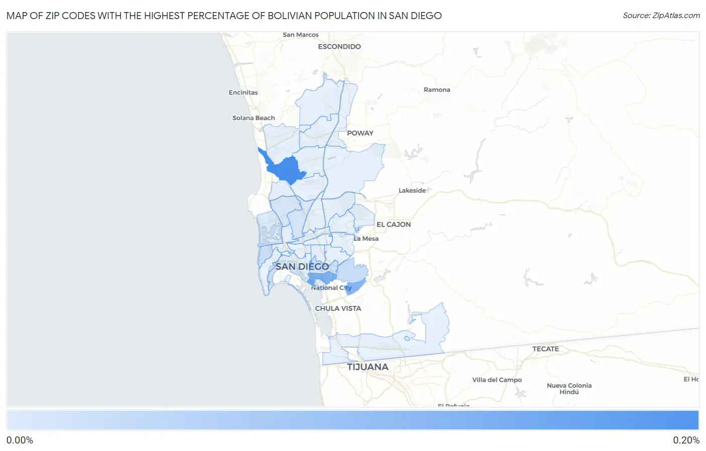 Zip Codes with the Highest Percentage of Bolivian Population in San Diego Map