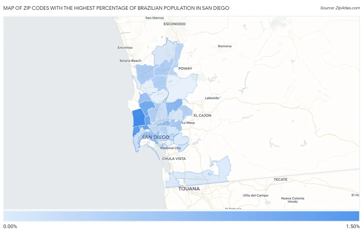 Zip Codes with the Highest Percentage of Brazilian Population in San Diego Map