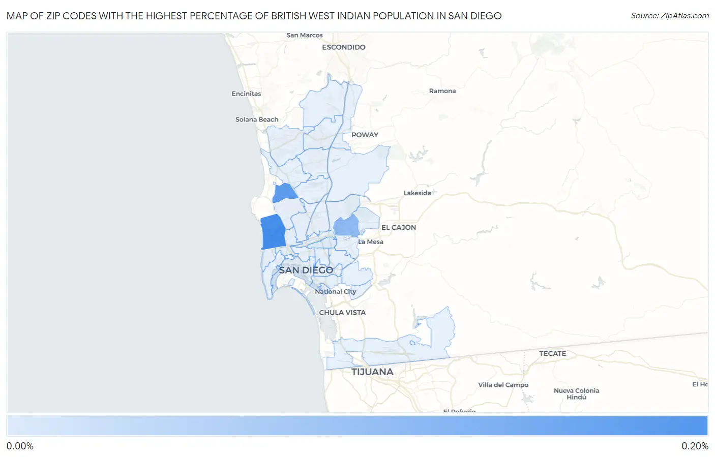 Zip Codes with the Highest Percentage of British West Indian Population in San Diego Map