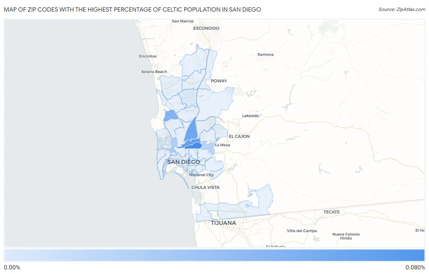 Zip Codes with the Highest Percentage of Celtic Population in San Diego Map
