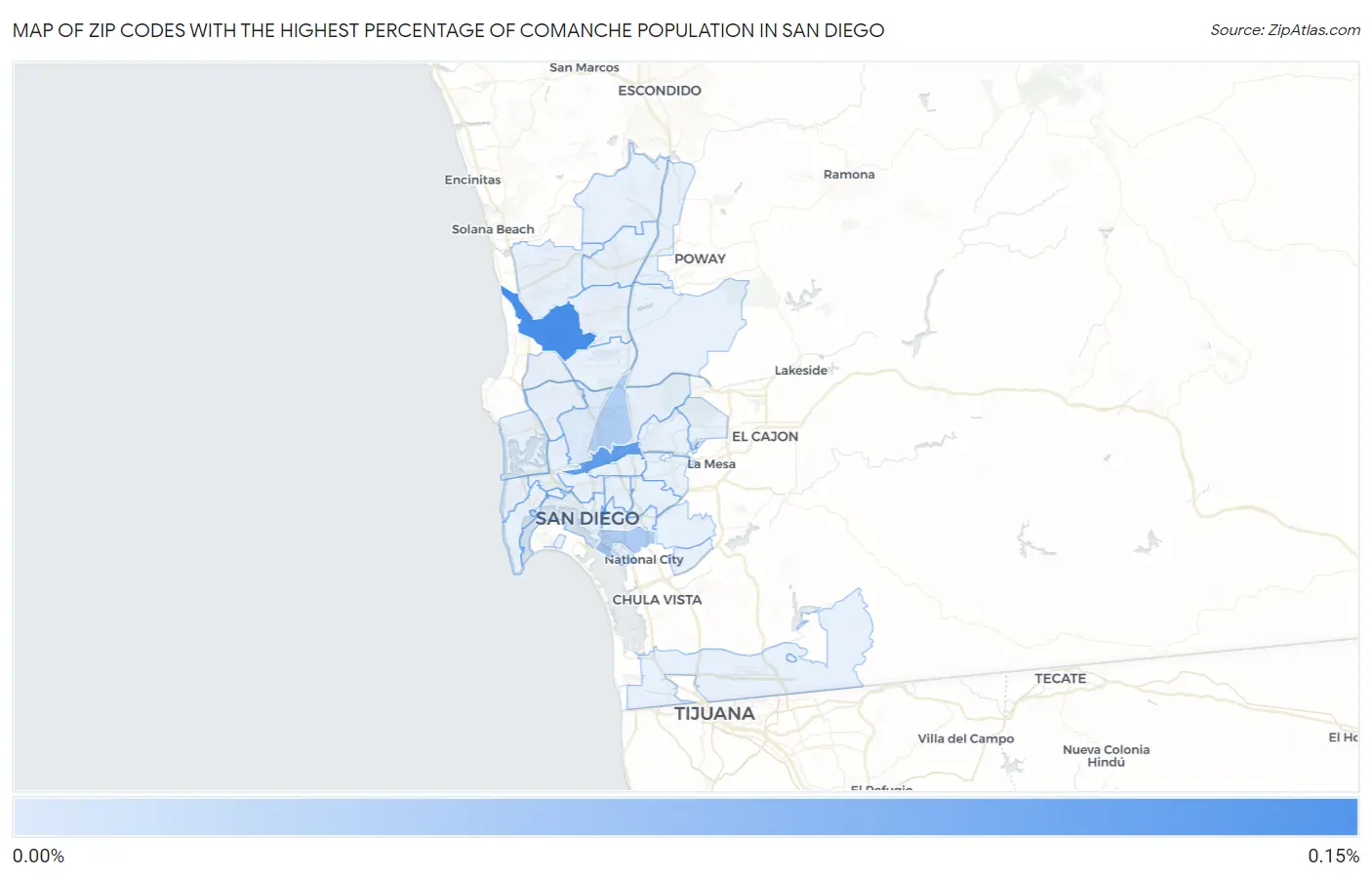 Zip Codes with the Highest Percentage of Comanche Population in San Diego Map