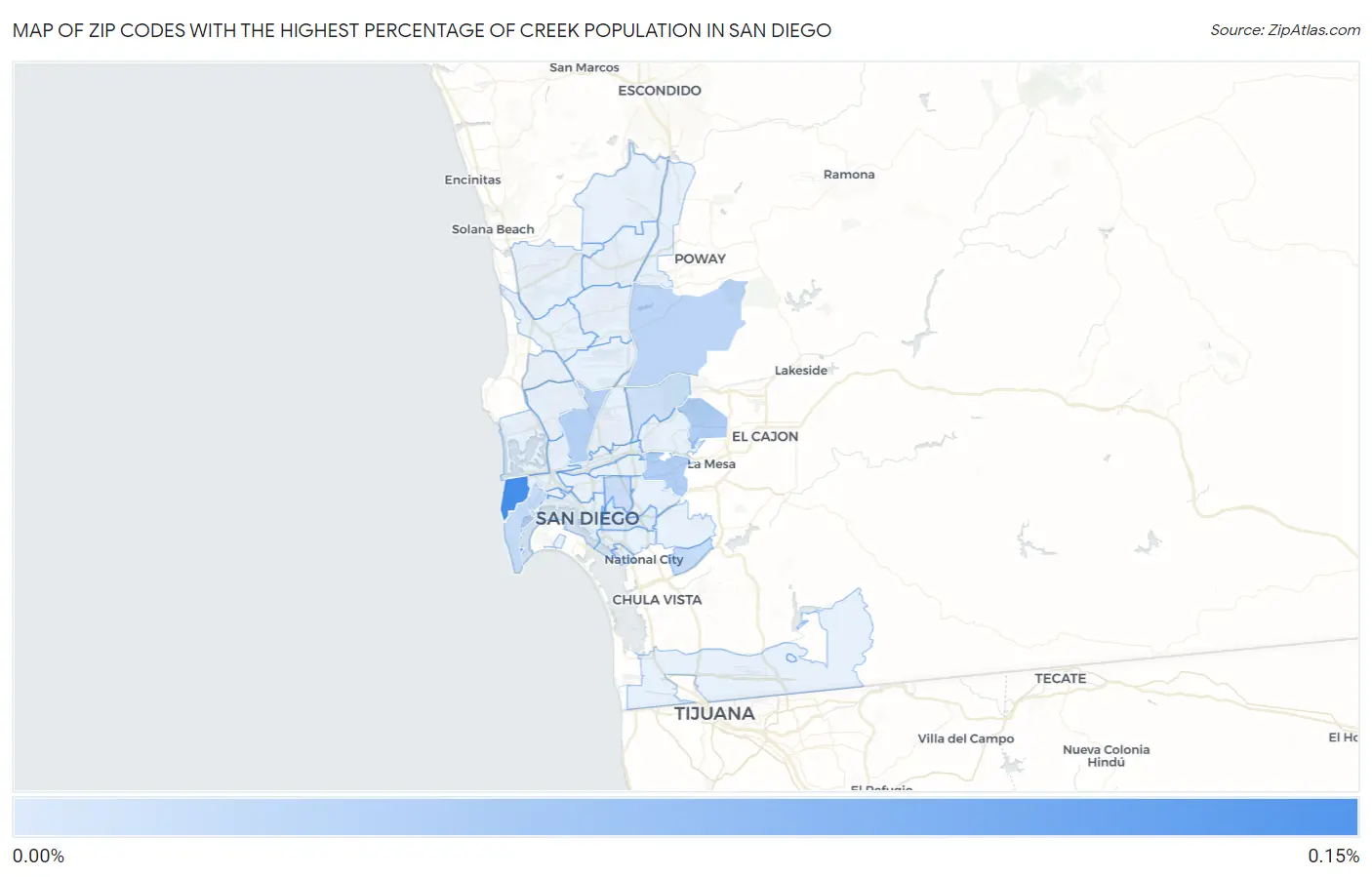 Zip Codes with the Highest Percentage of Creek Population in San Diego Map