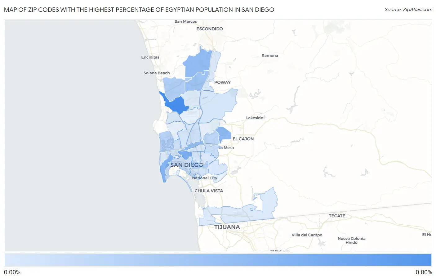 Zip Codes with the Highest Percentage of Egyptian Population in San Diego Map