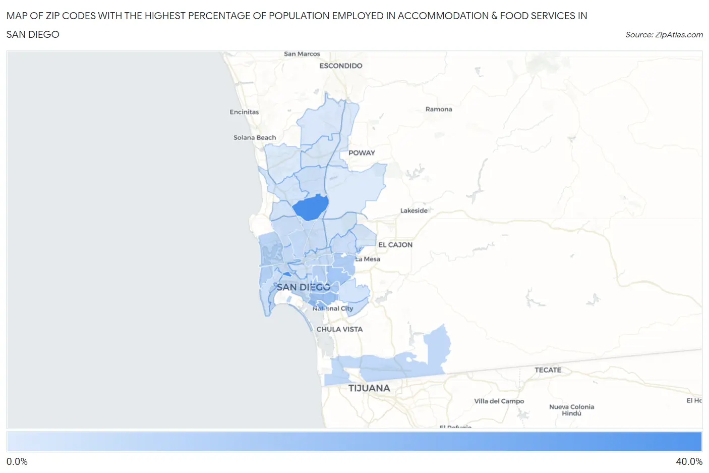 Zip Codes with the Highest Percentage of Population Employed in Accommodation & Food Services in San Diego Map