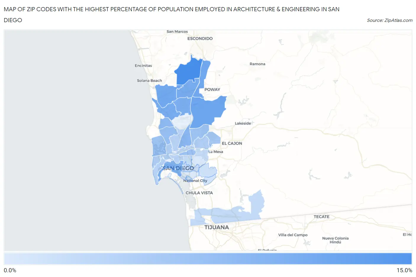 Zip Codes with the Highest Percentage of Population Employed in Architecture & Engineering in San Diego Map