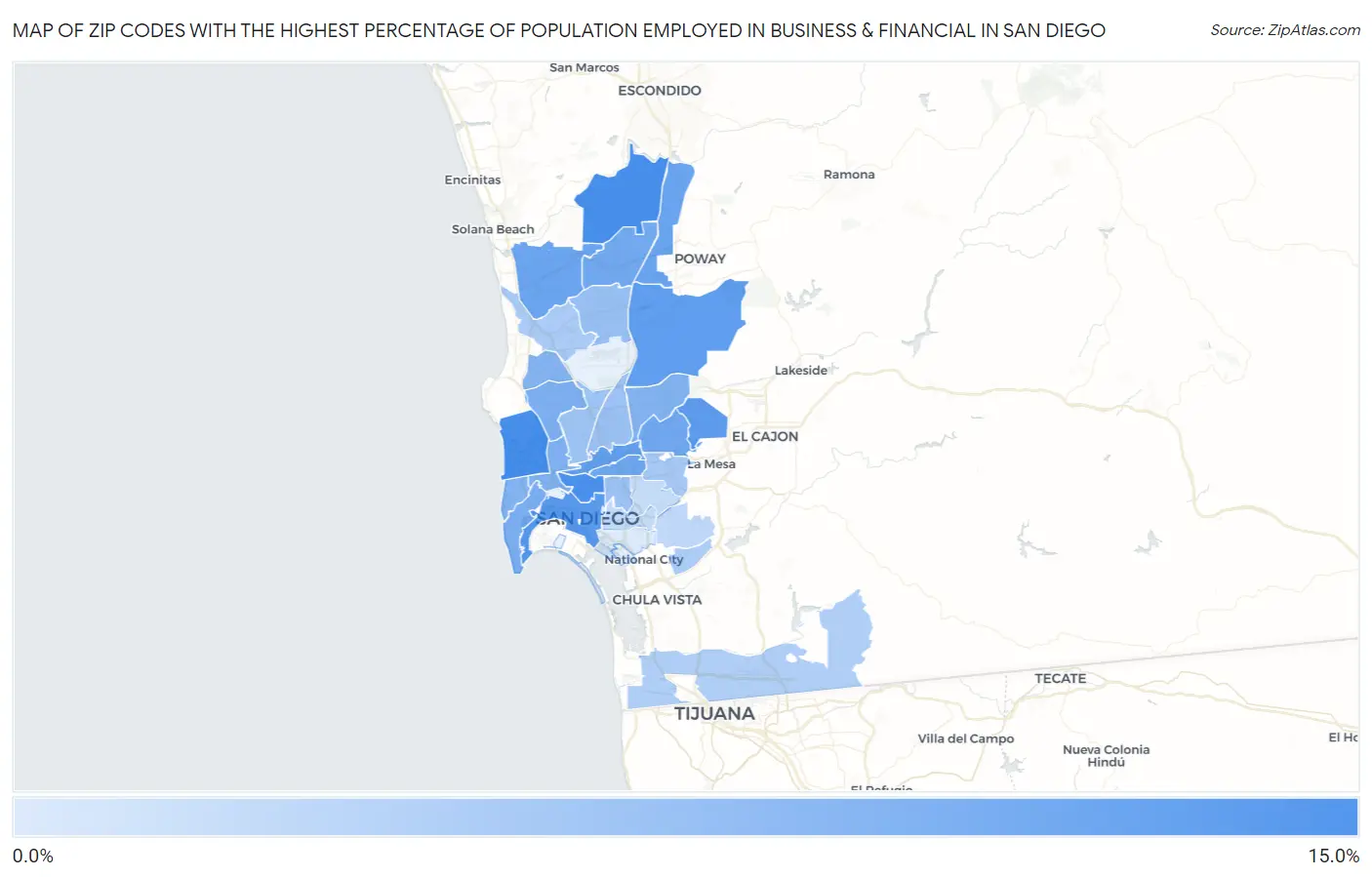 Zip Codes with the Highest Percentage of Population Employed in Business & Financial in San Diego Map