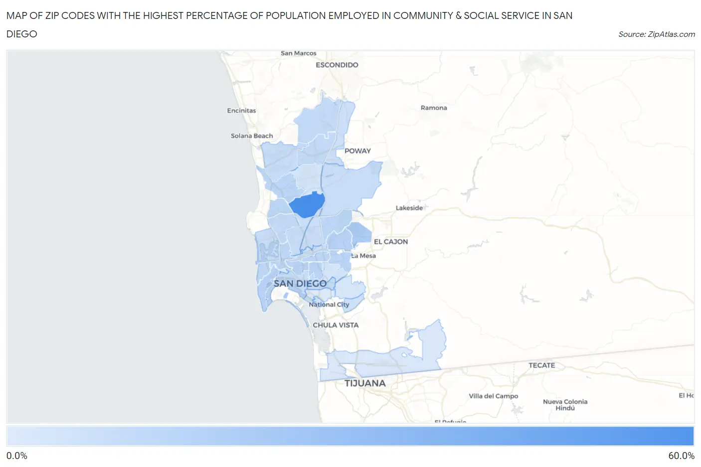 Zip Codes with the Highest Percentage of Population Employed in Community & Social Service  in San Diego Map