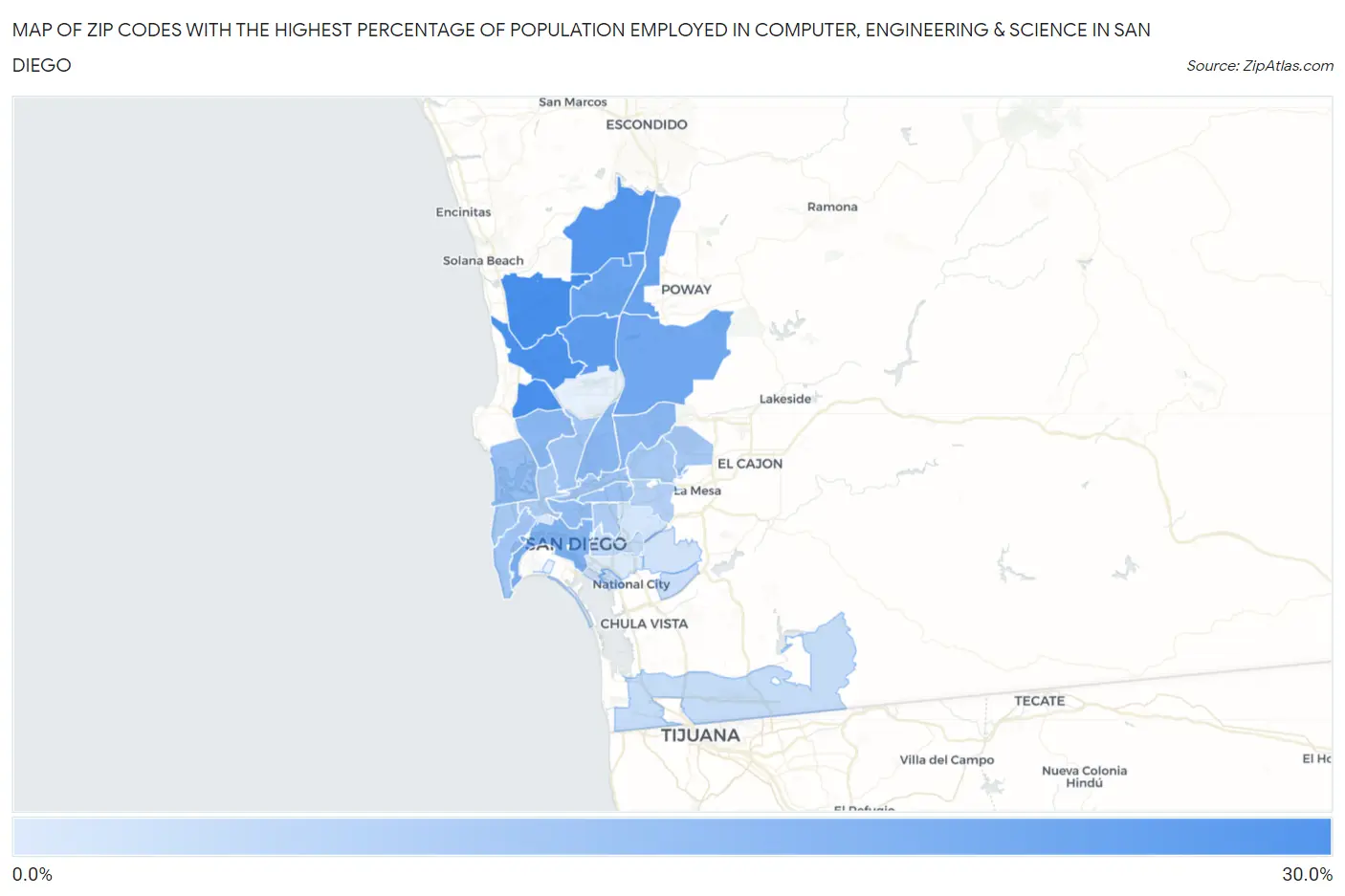 Zip Codes with the Highest Percentage of Population Employed in Computer, Engineering & Science in San Diego Map
