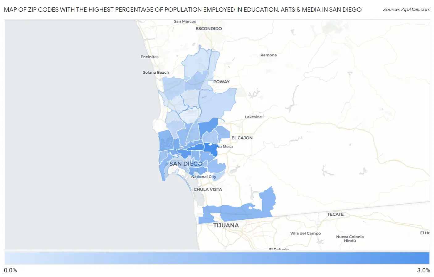 Zip Codes with the Highest Percentage of Population Employed in Education, Arts & Media in San Diego Map