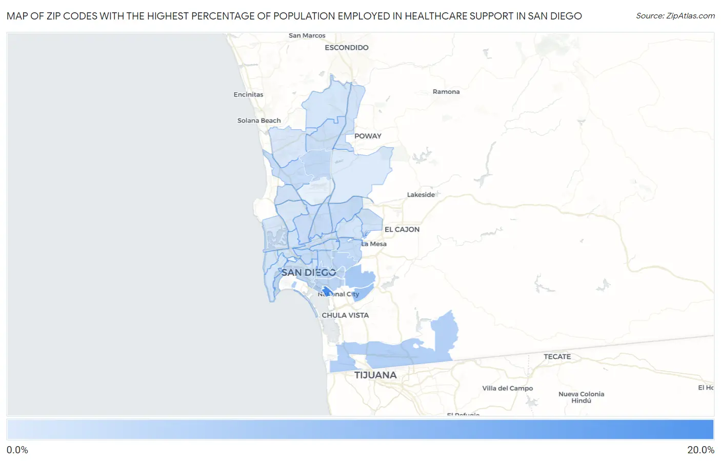 Zip Codes with the Highest Percentage of Population Employed in Healthcare Support in San Diego Map