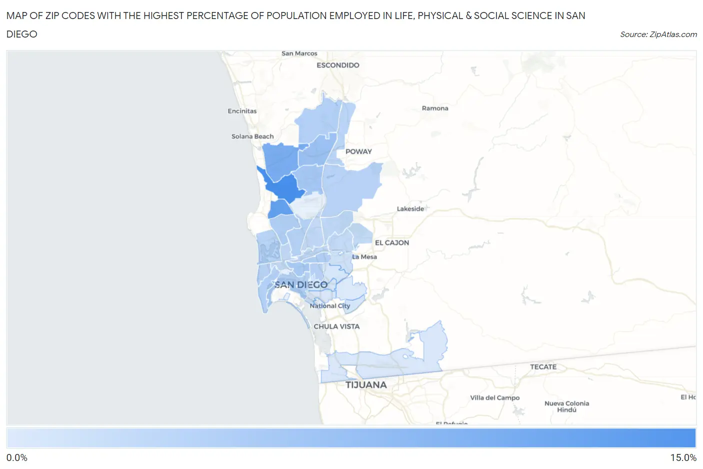 Zip Codes with the Highest Percentage of Population Employed in Life, Physical & Social Science in San Diego Map