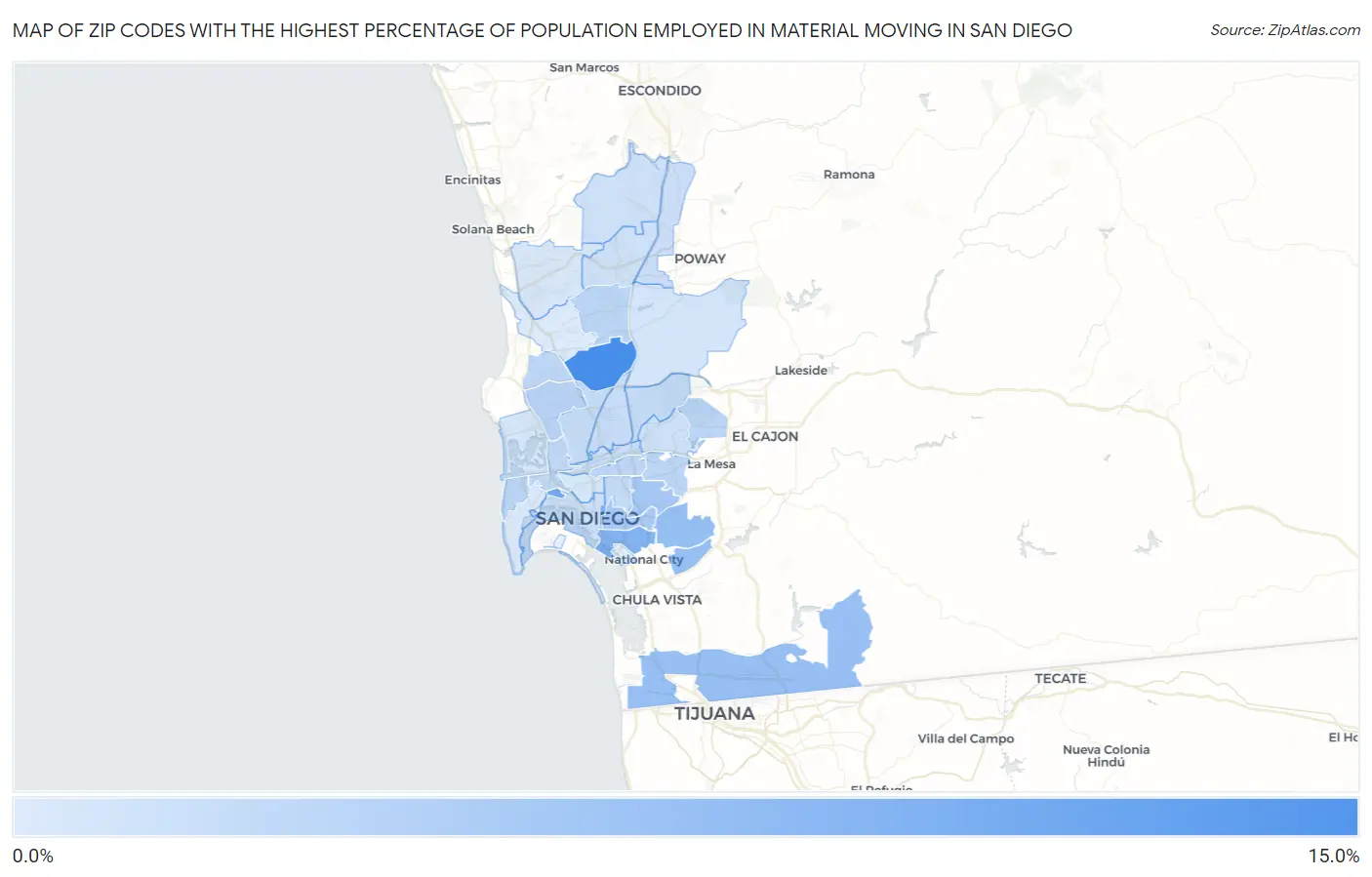 Zip Codes with the Highest Percentage of Population Employed in Material Moving in San Diego Map