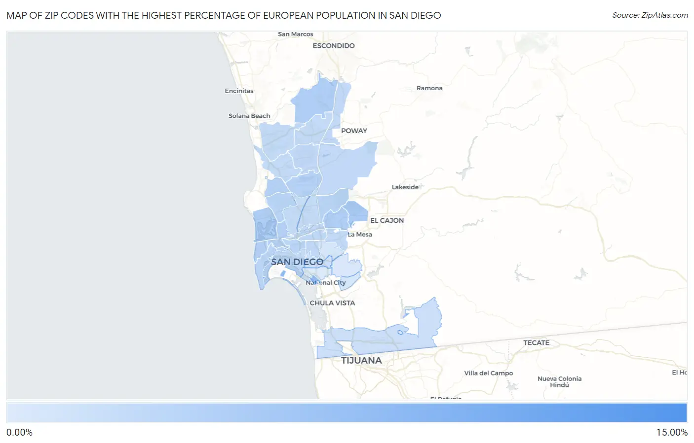Zip Codes with the Highest Percentage of European Population in San Diego Map