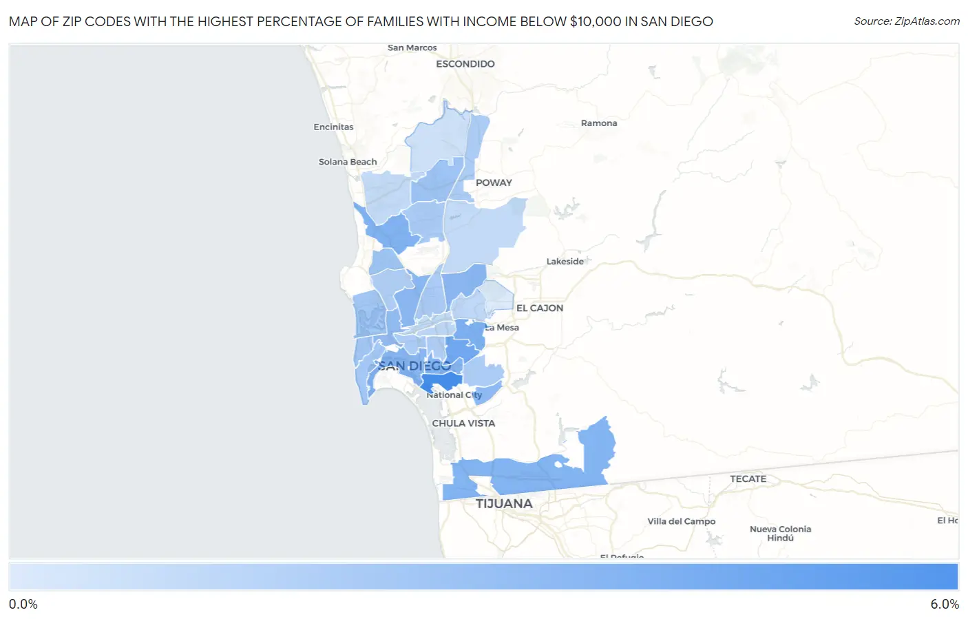 Zip Codes with the Highest Percentage of Families with Income Below $10,000 in San Diego Map