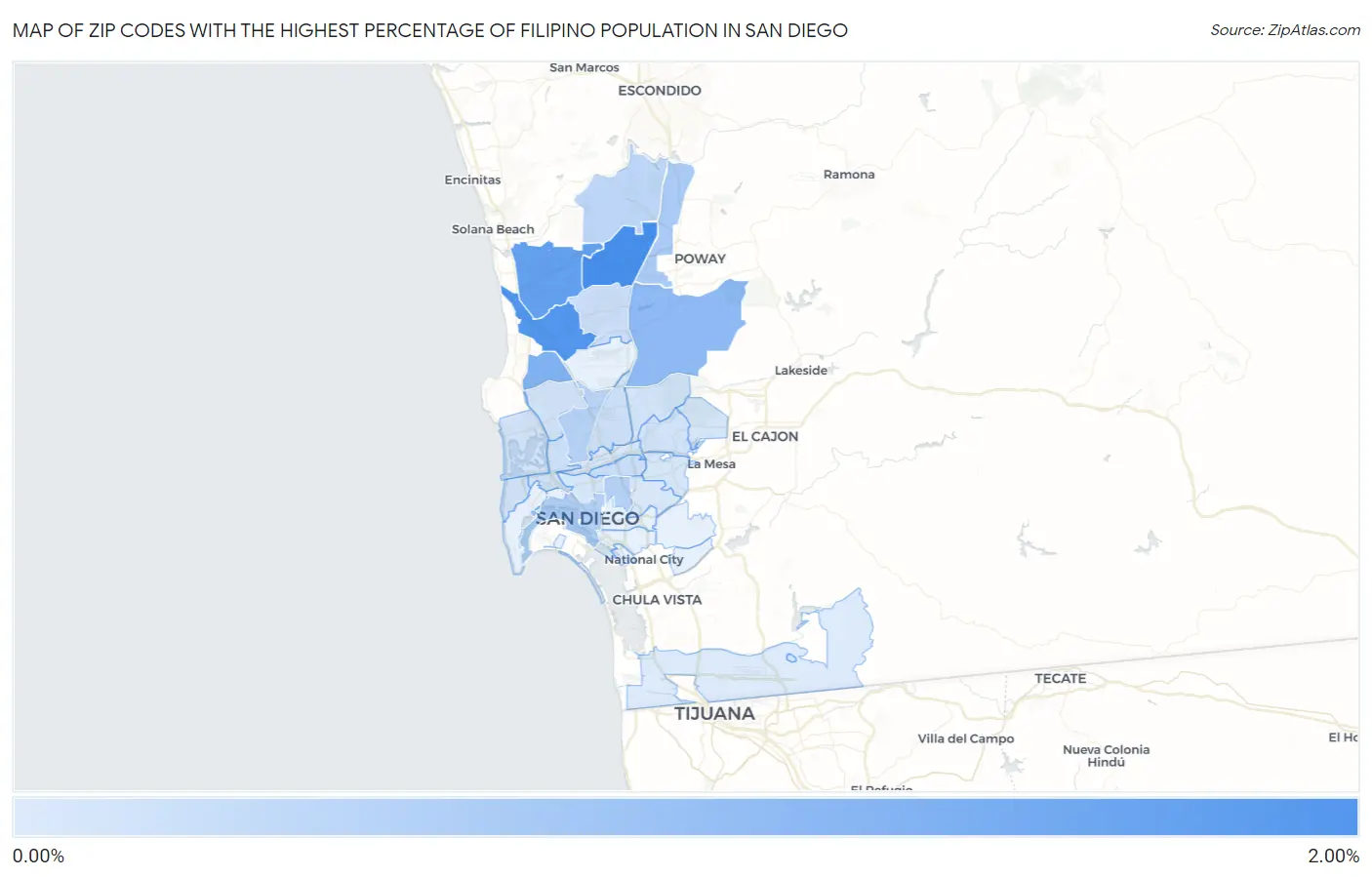 Zip Codes with the Highest Percentage of Filipino Population in San Diego Map