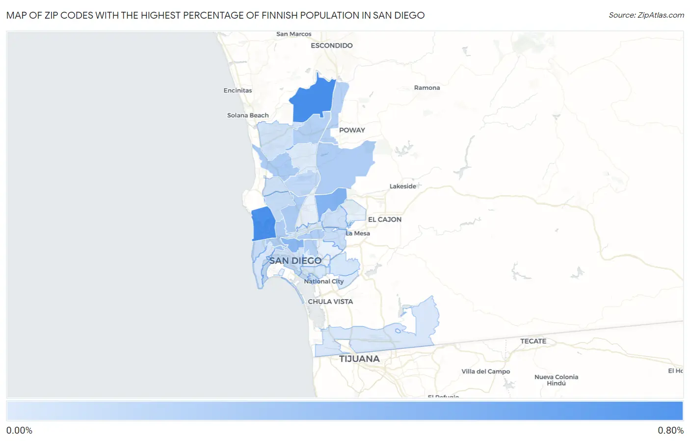 Zip Codes with the Highest Percentage of Finnish Population in San Diego Map