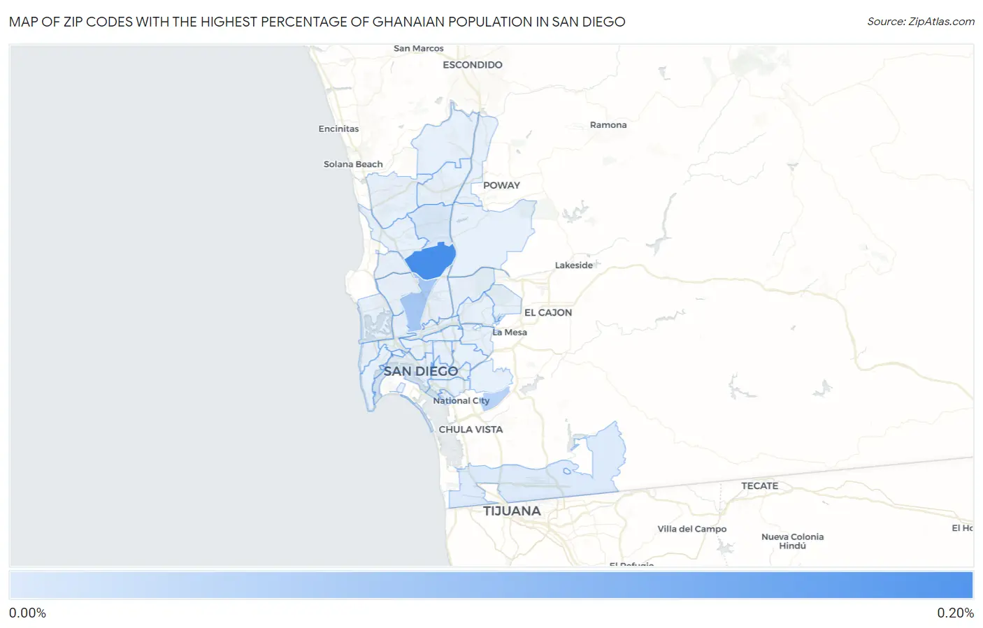 Zip Codes with the Highest Percentage of Ghanaian Population in San Diego Map