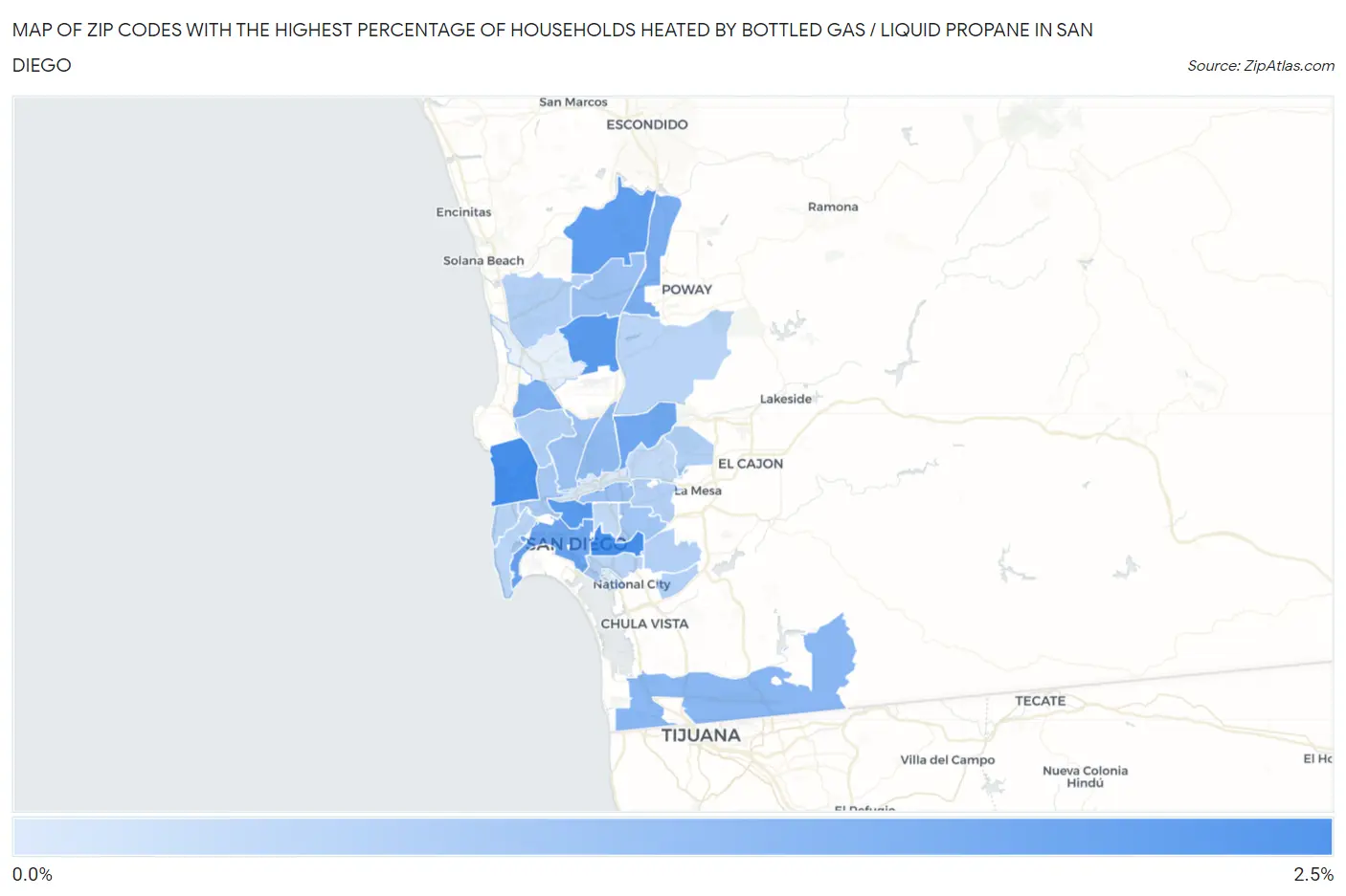 Zip Codes with the Highest Percentage of Households Heated by Bottled Gas / Liquid Propane in San Diego Map