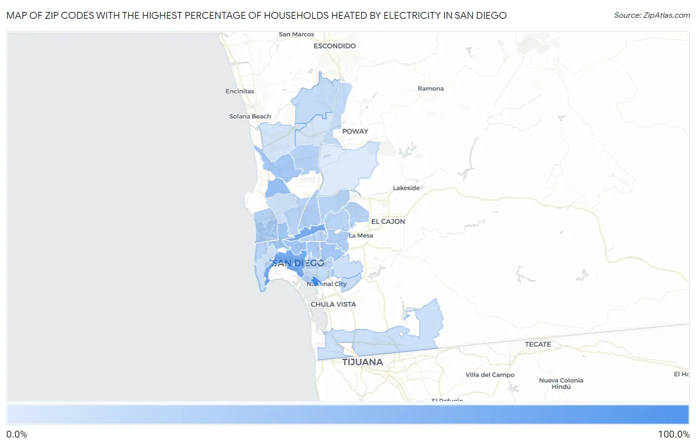 Zip Codes with the Highest Percentage of Households Heated by Electricity in San Diego Map