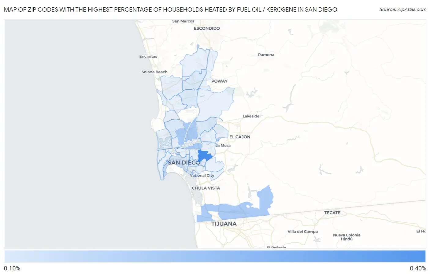 Zip Codes with the Highest Percentage of Households Heated by Fuel Oil / Kerosene in San Diego Map