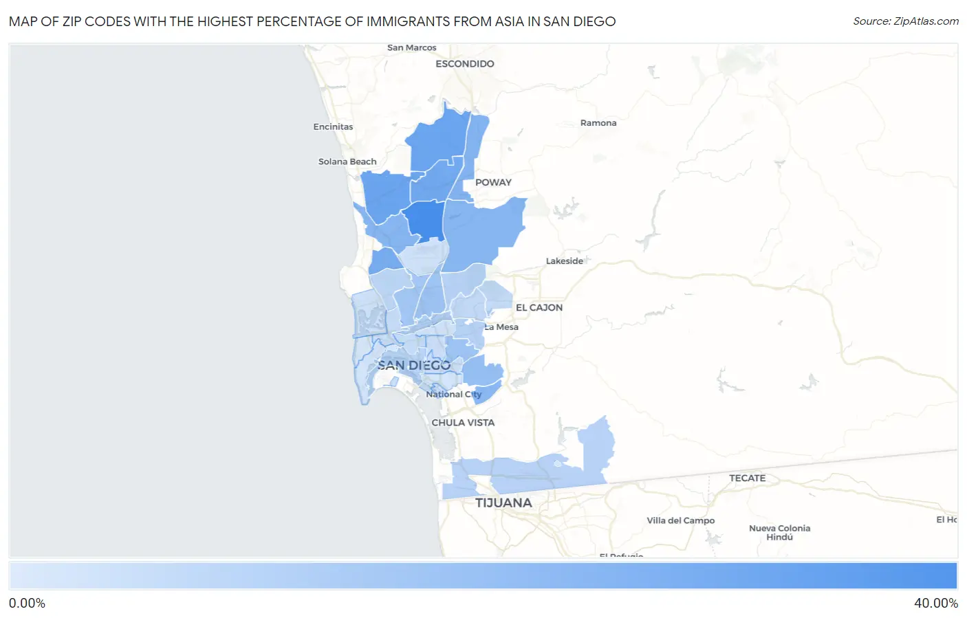 Zip Codes with the Highest Percentage of Immigrants from Asia in San Diego Map