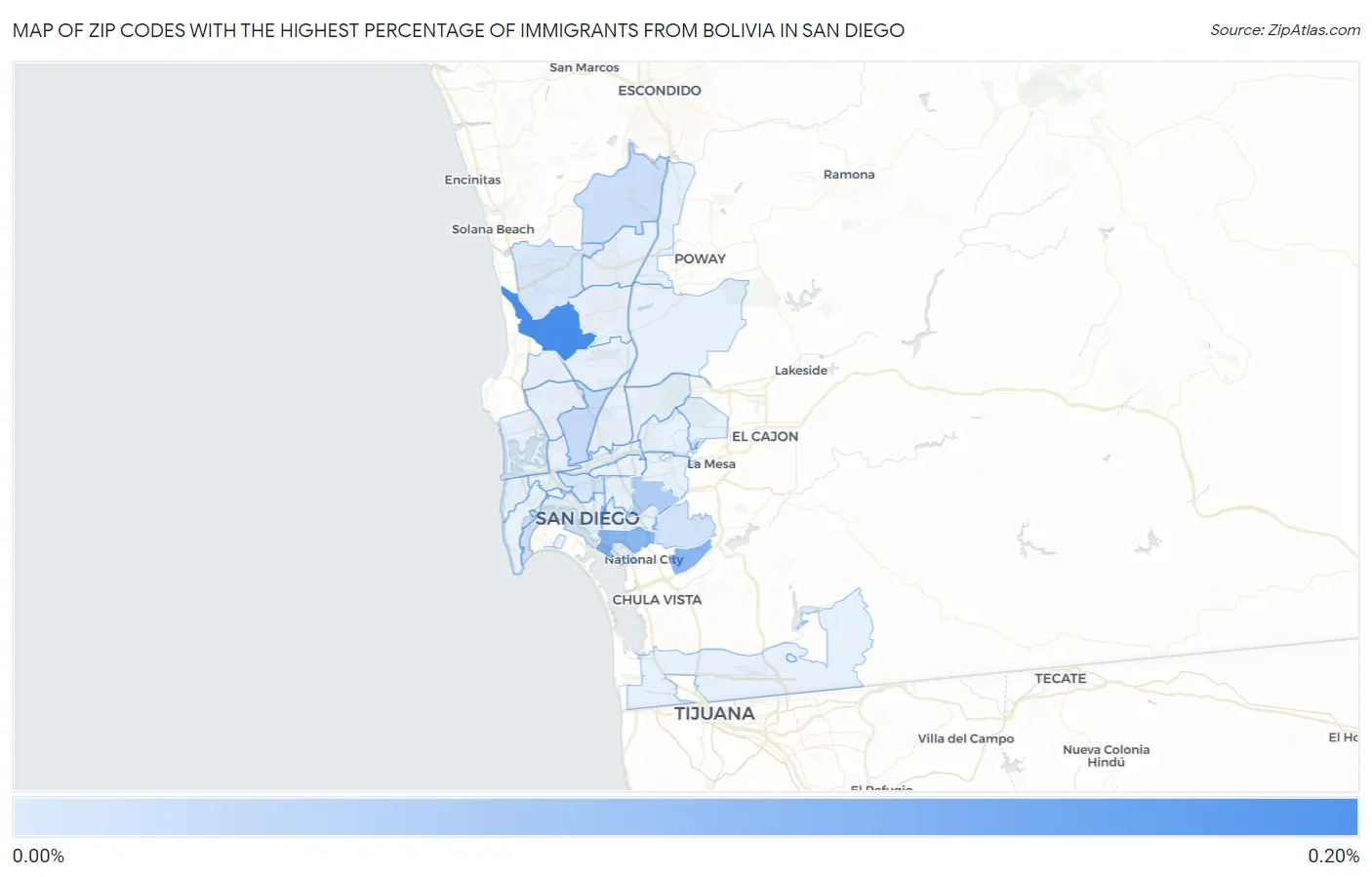 Zip Codes with the Highest Percentage of Immigrants from Bolivia in San Diego Map