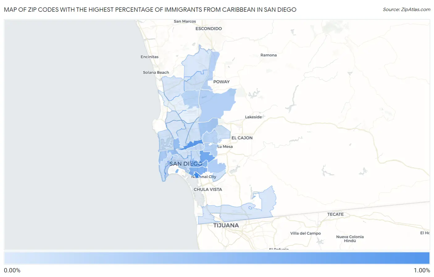 Zip Codes with the Highest Percentage of Immigrants from Caribbean in San Diego Map