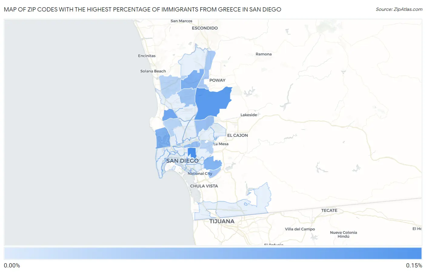 Zip Codes with the Highest Percentage of Immigrants from Greece in San Diego Map