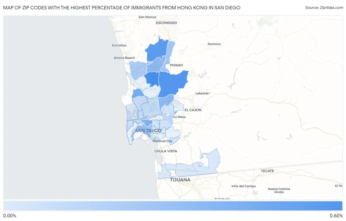 Zip Codes with the Highest Percentage of Immigrants from Hong Kong in San Diego Map