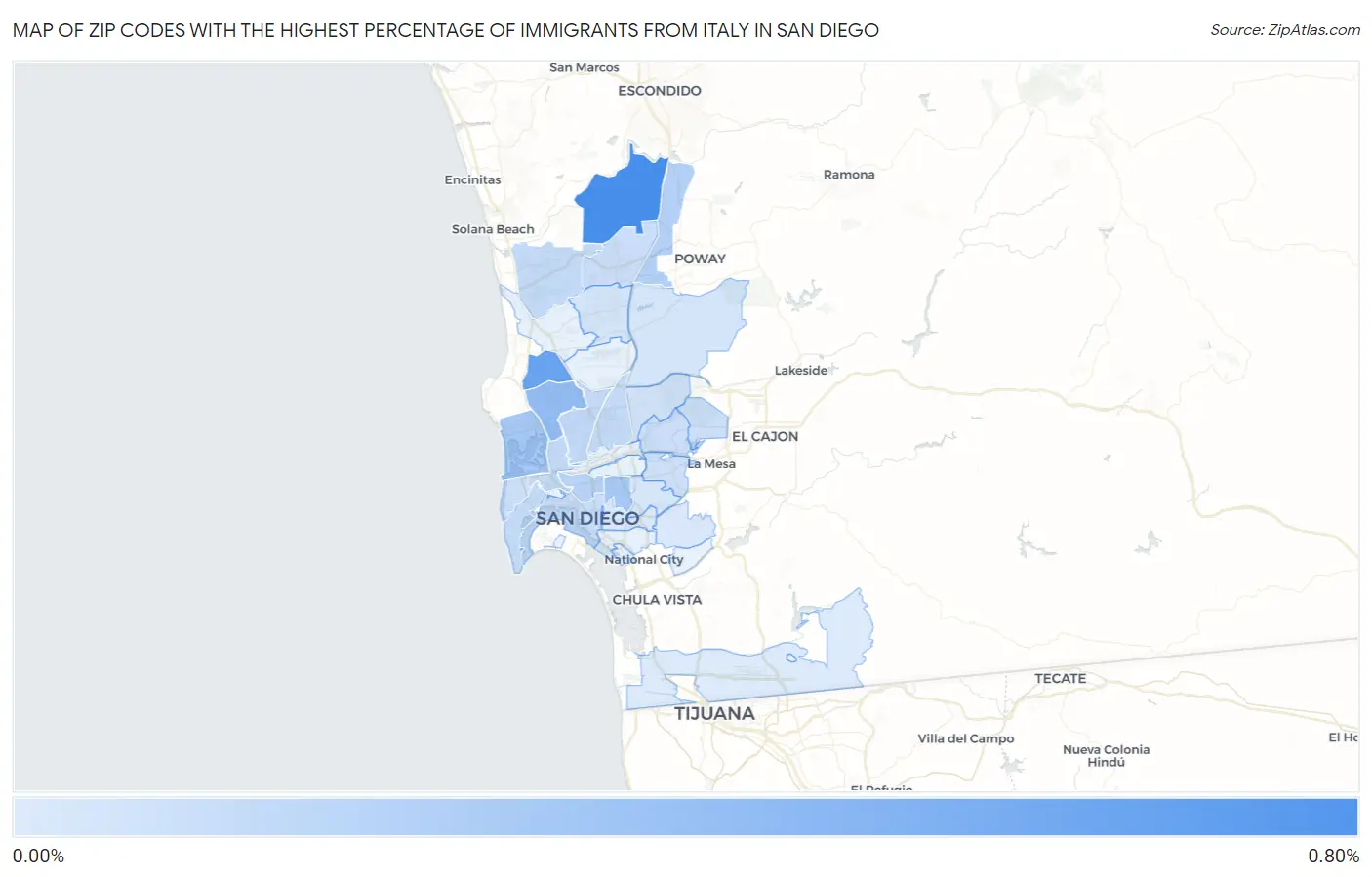Zip Codes with the Highest Percentage of Immigrants from Italy in San Diego Map