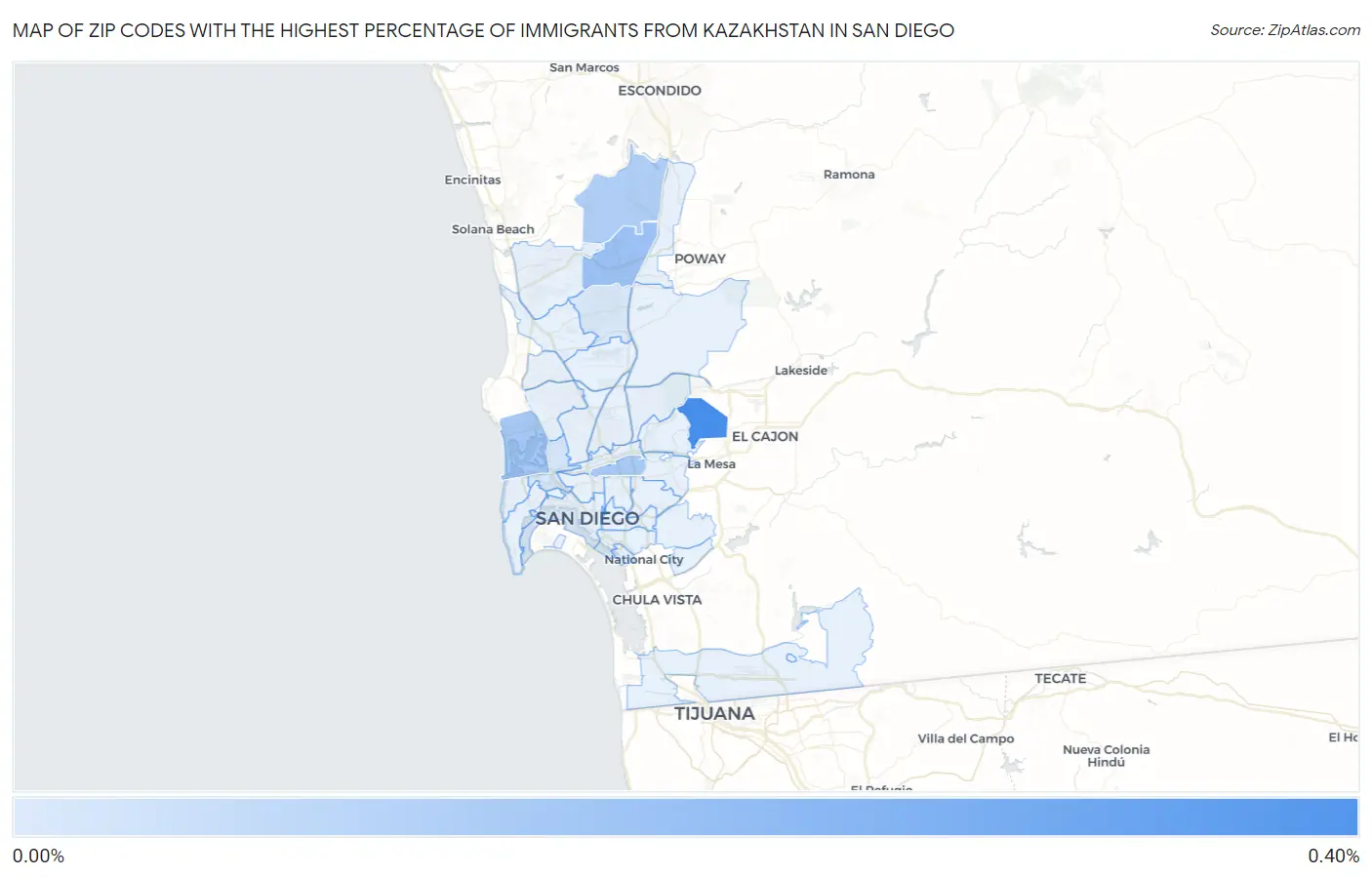 Zip Codes with the Highest Percentage of Immigrants from Kazakhstan in San Diego Map
