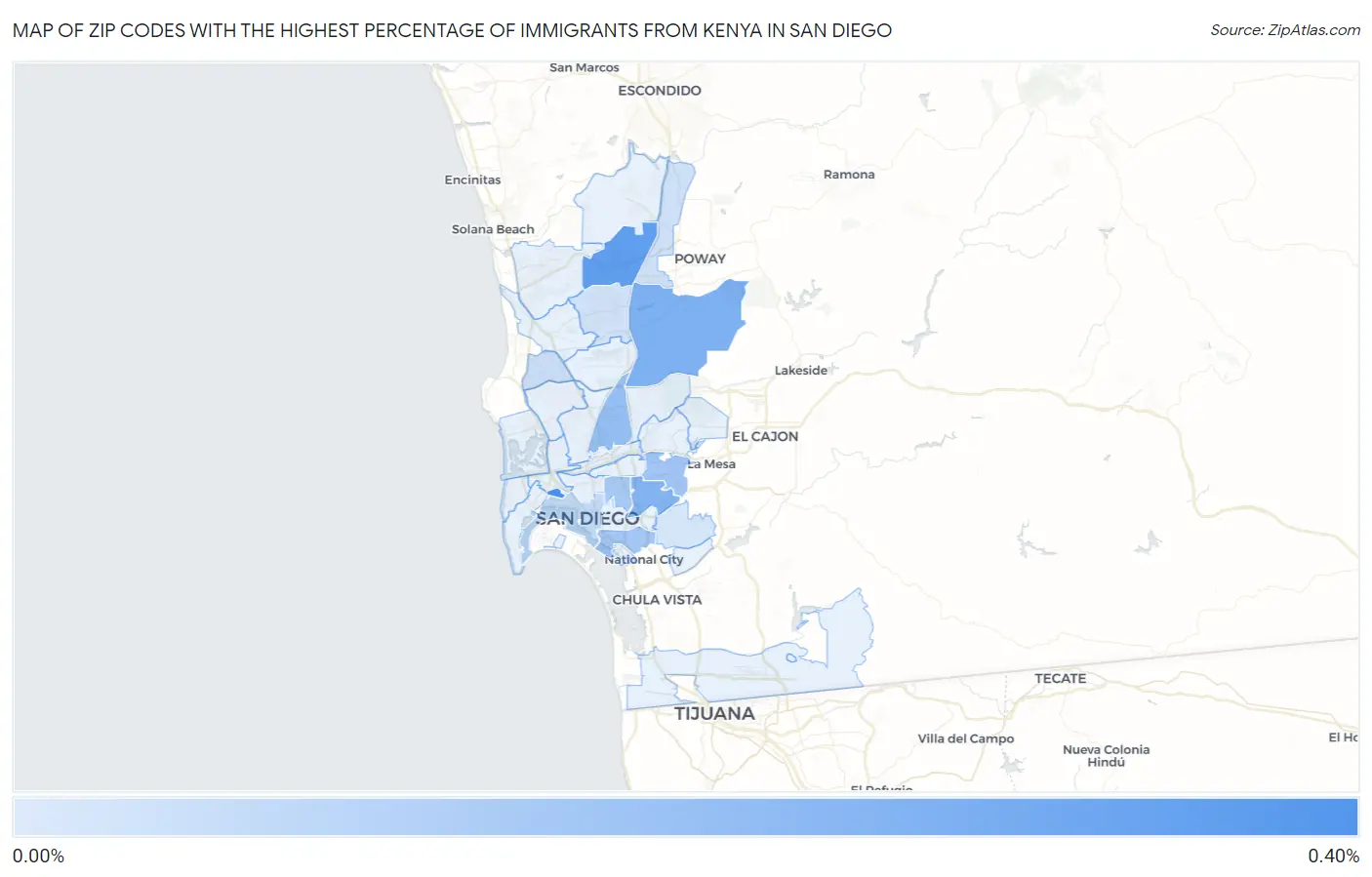 Zip Codes with the Highest Percentage of Immigrants from Kenya in San Diego Map
