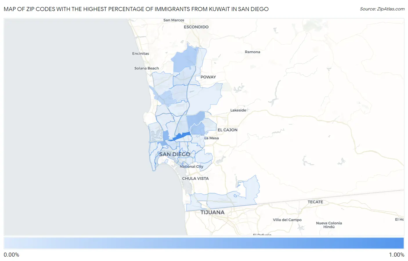 Zip Codes with the Highest Percentage of Immigrants from Kuwait in San Diego Map