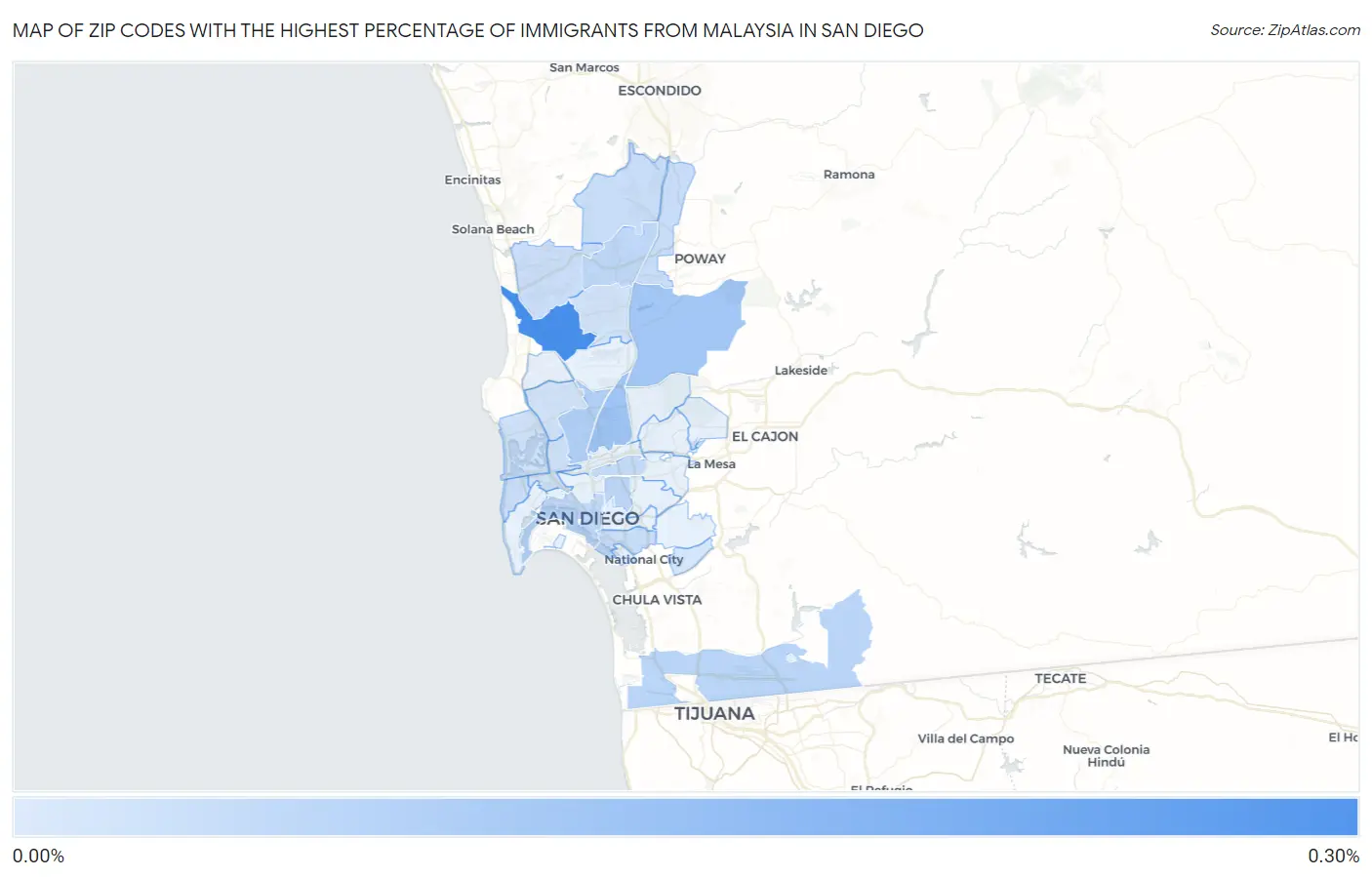 Zip Codes with the Highest Percentage of Immigrants from Malaysia in San Diego Map