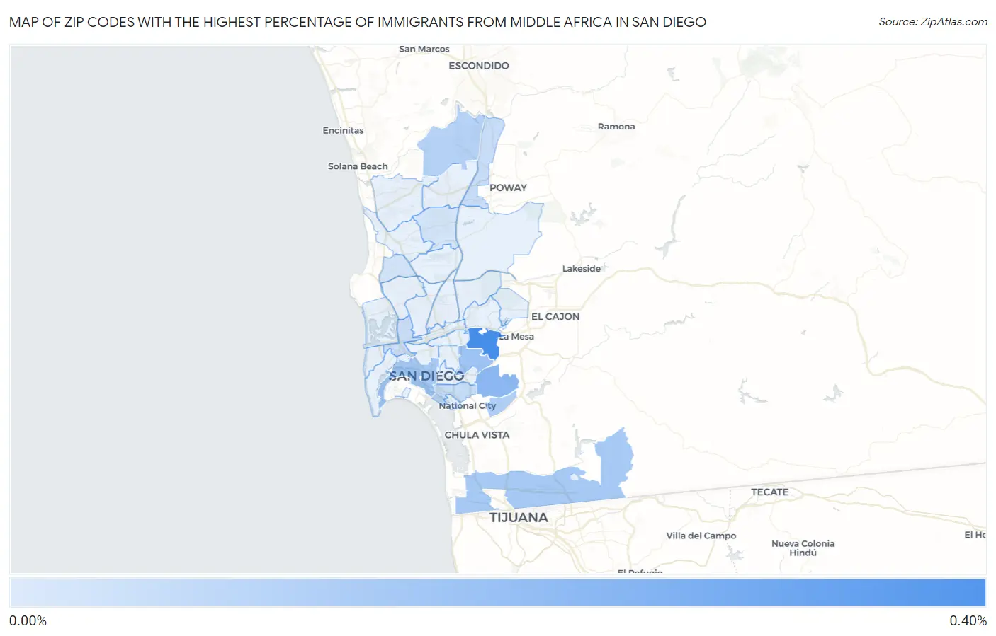 Zip Codes with the Highest Percentage of Immigrants from Middle Africa in San Diego Map