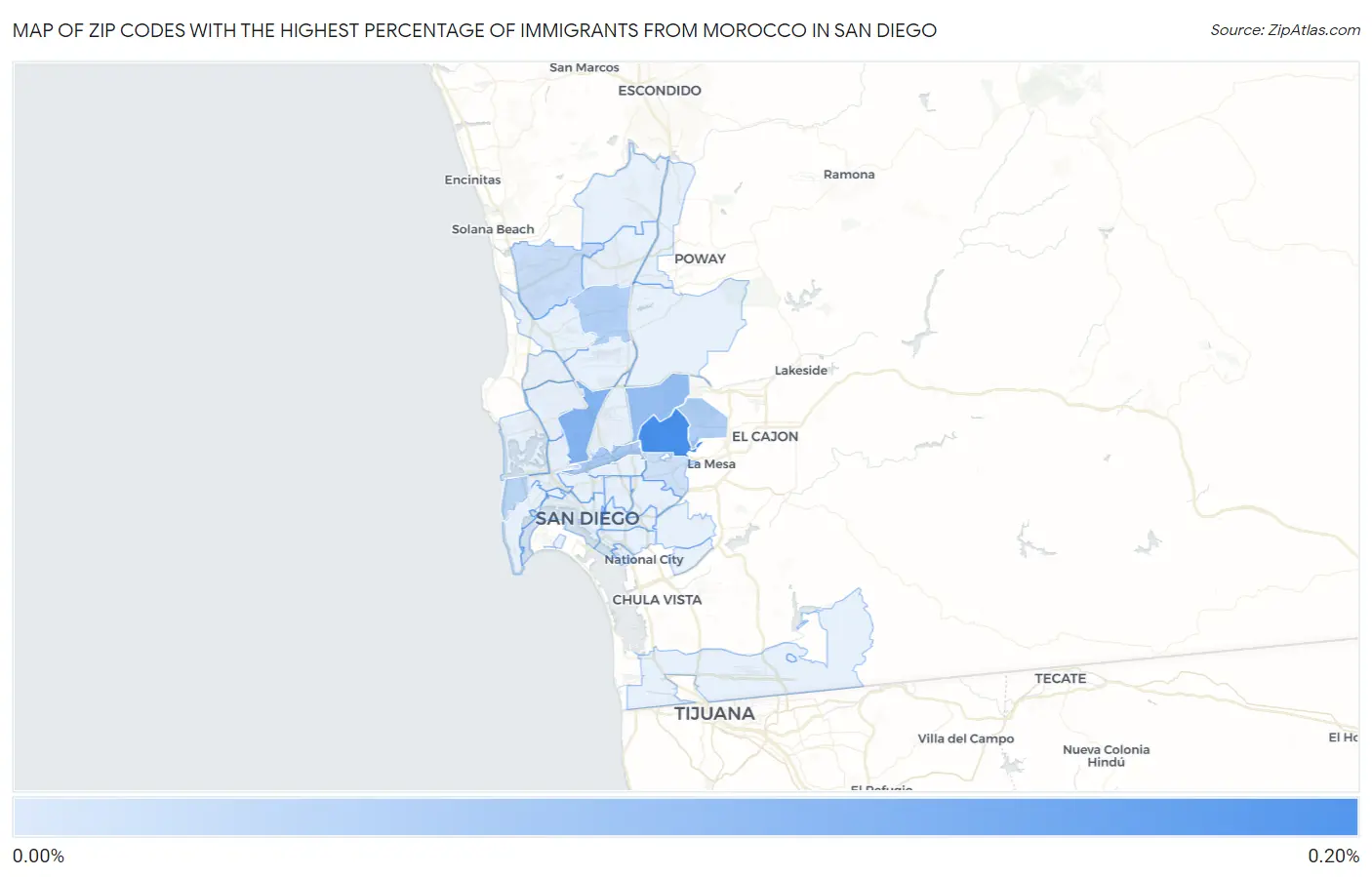 Zip Codes with the Highest Percentage of Immigrants from Morocco in San Diego Map