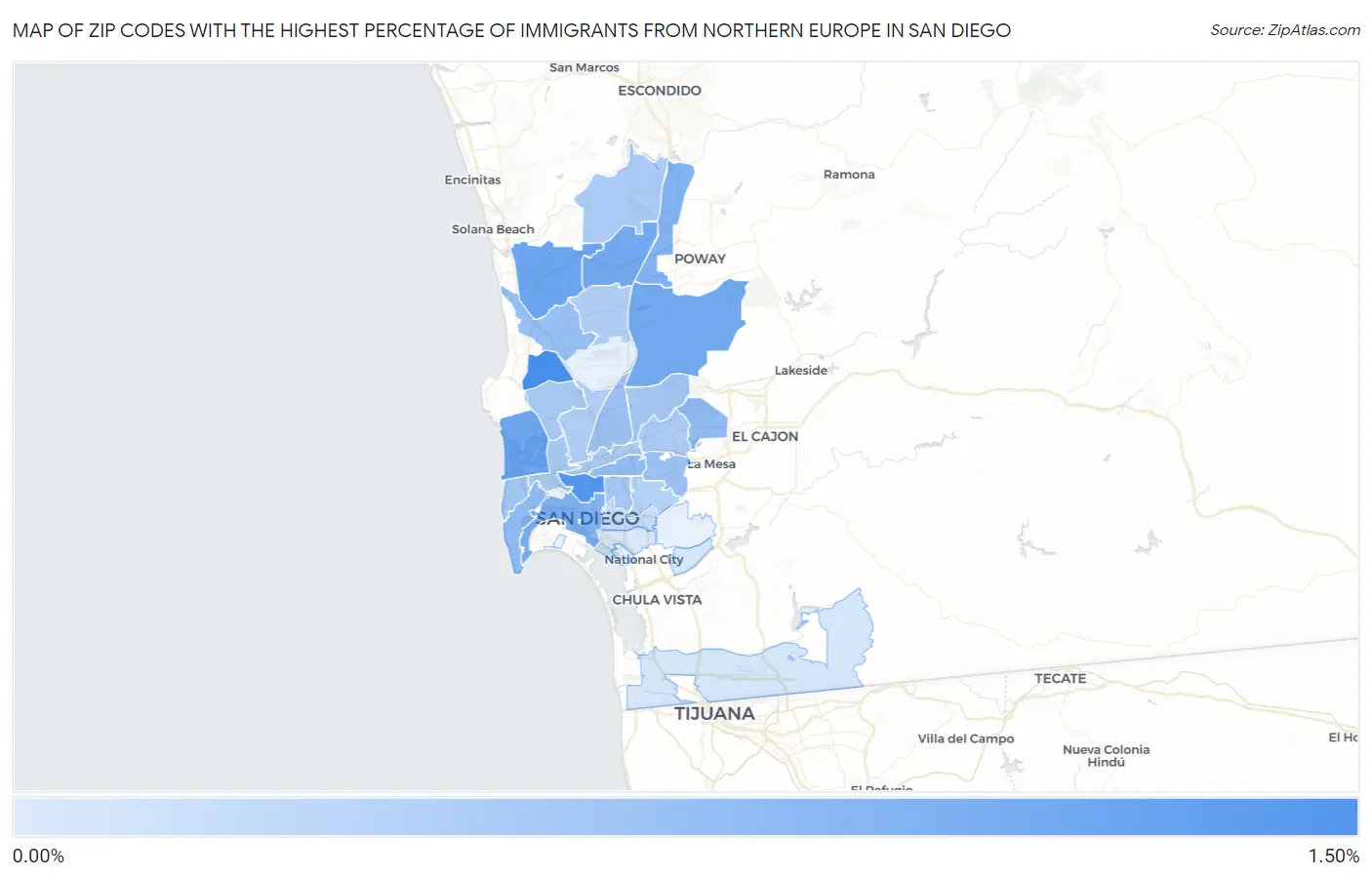 Zip Codes with the Highest Percentage of Immigrants from Northern Europe in San Diego Map