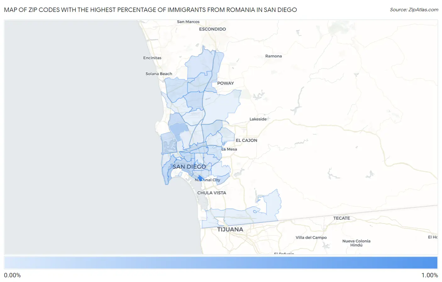 Zip Codes with the Highest Percentage of Immigrants from Romania in San Diego Map