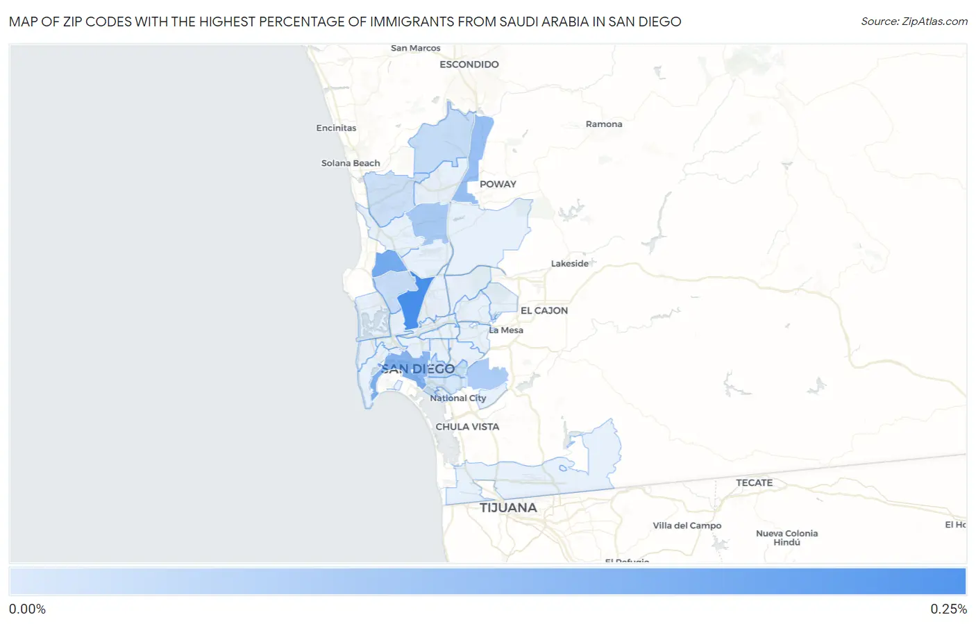 Zip Codes with the Highest Percentage of Immigrants from Saudi Arabia in San Diego Map