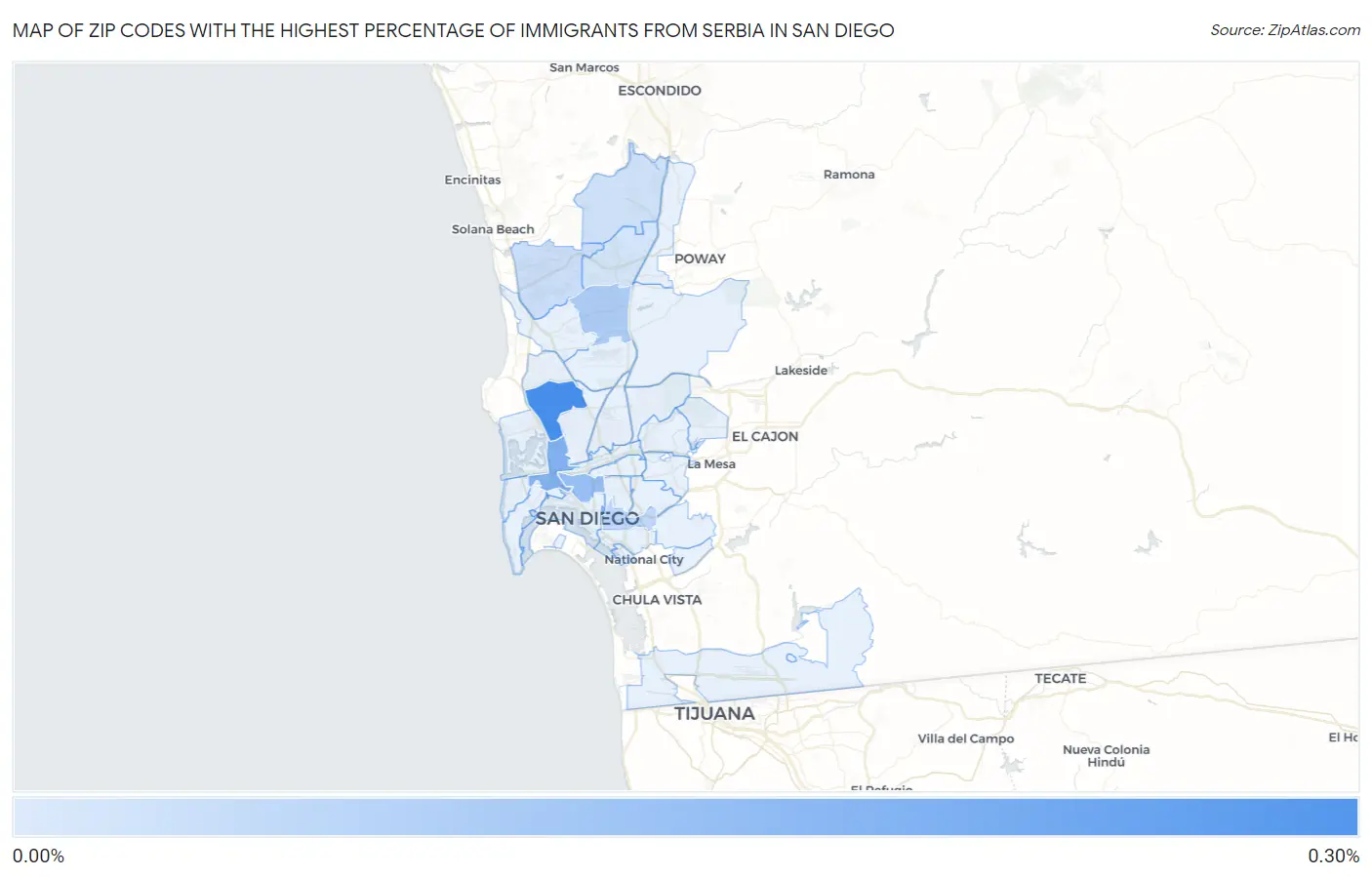 Zip Codes with the Highest Percentage of Immigrants from Serbia in San Diego Map