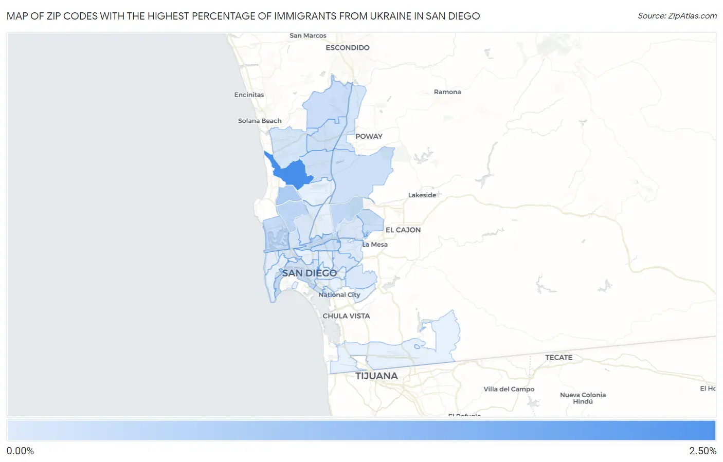 Zip Codes with the Highest Percentage of Immigrants from Ukraine in San Diego Map