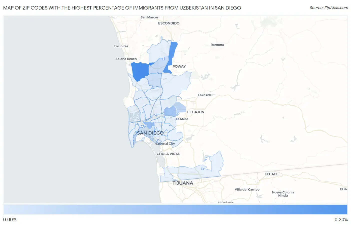Zip Codes with the Highest Percentage of Immigrants from Uzbekistan in San Diego Map