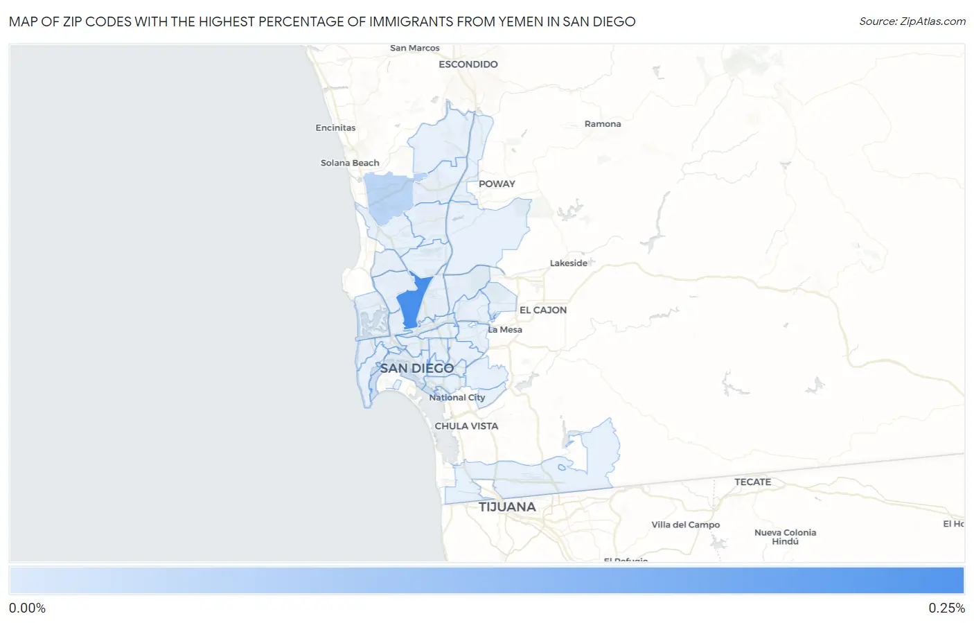 Zip Codes with the Highest Percentage of Immigrants from Yemen in San Diego Map