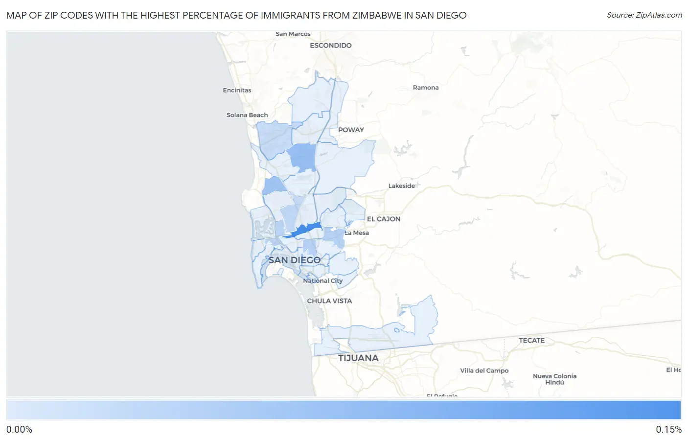Zip Codes with the Highest Percentage of Immigrants from Zimbabwe in San Diego Map