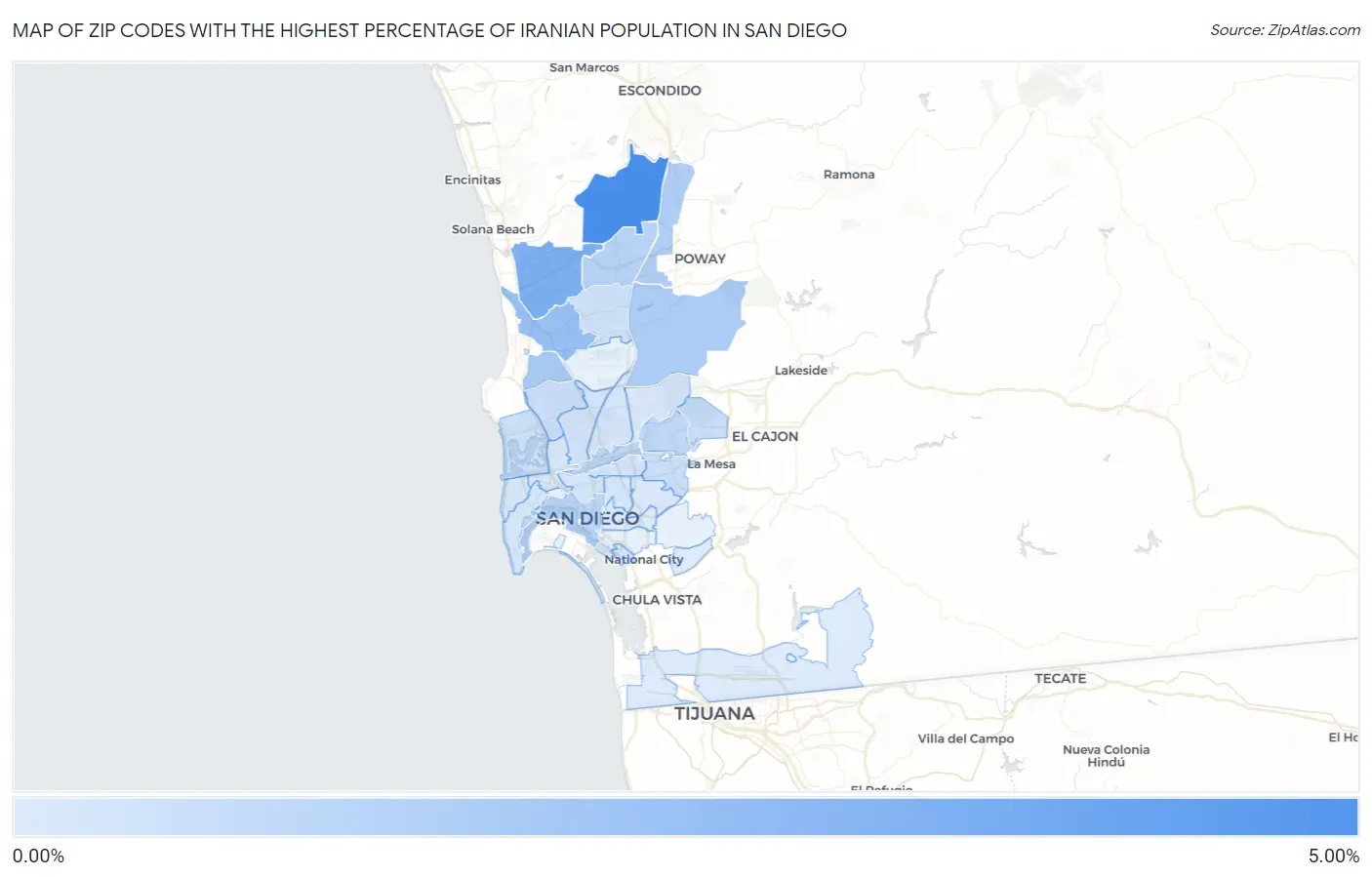 Zip Codes with the Highest Percentage of Iranian Population in San Diego Map