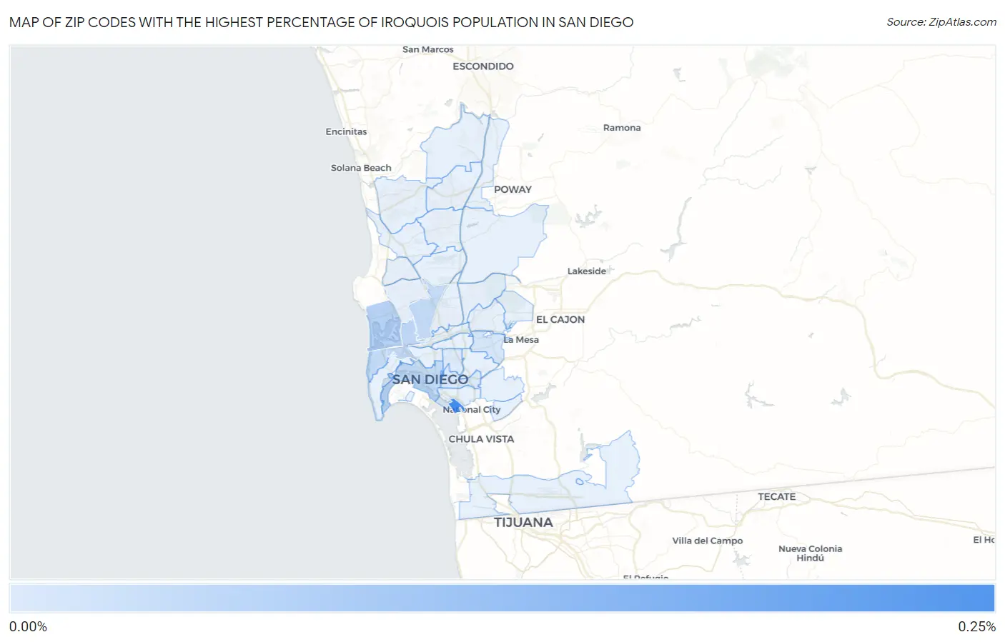 Zip Codes with the Highest Percentage of Iroquois Population in San Diego Map