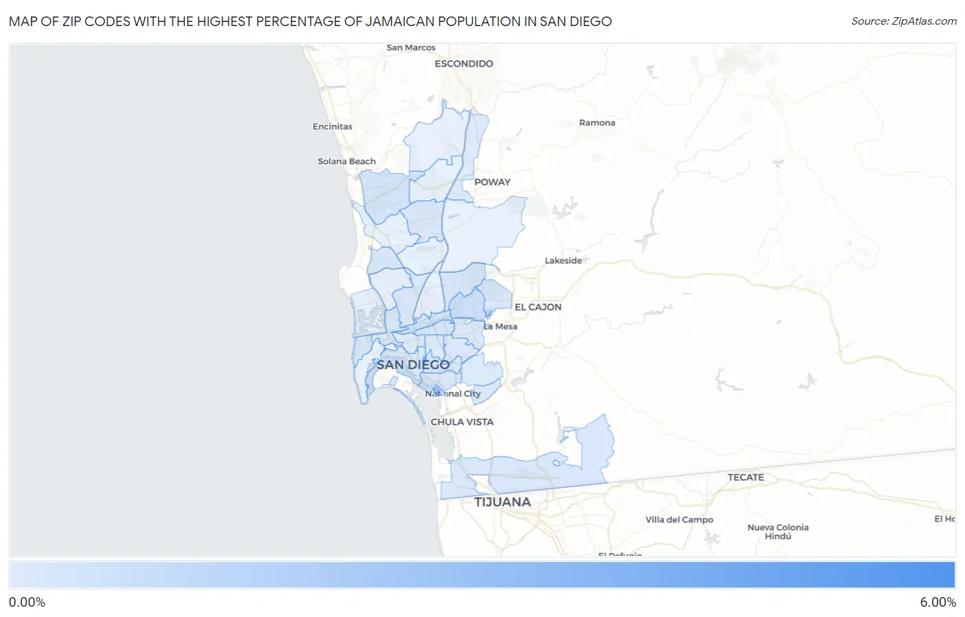 Zip Codes with the Highest Percentage of Jamaican Population in San Diego Map
