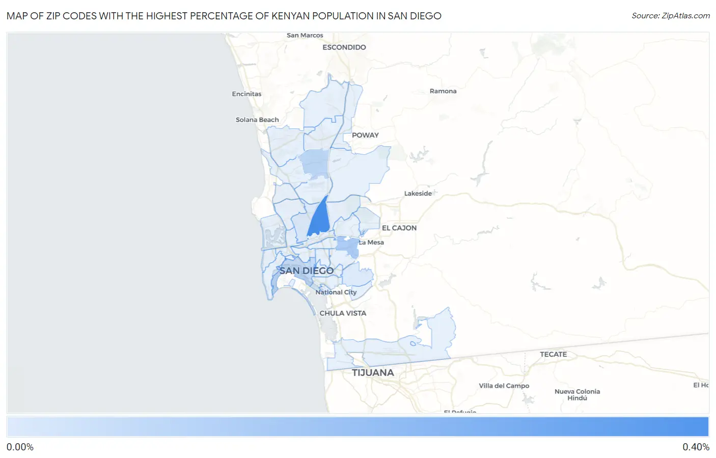 Zip Codes with the Highest Percentage of Kenyan Population in San Diego Map