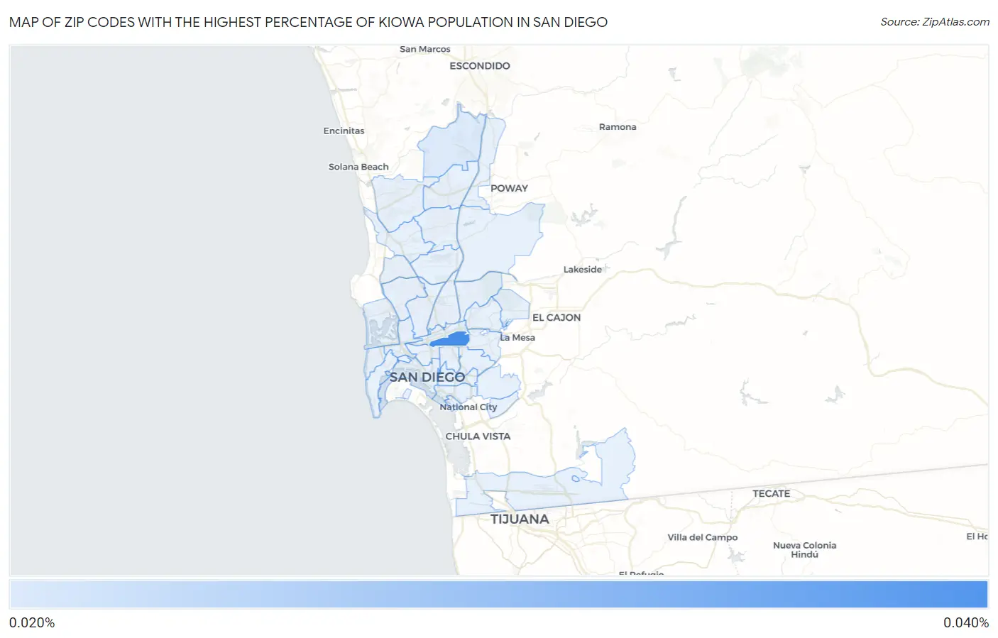 Zip Codes with the Highest Percentage of Kiowa Population in San Diego Map