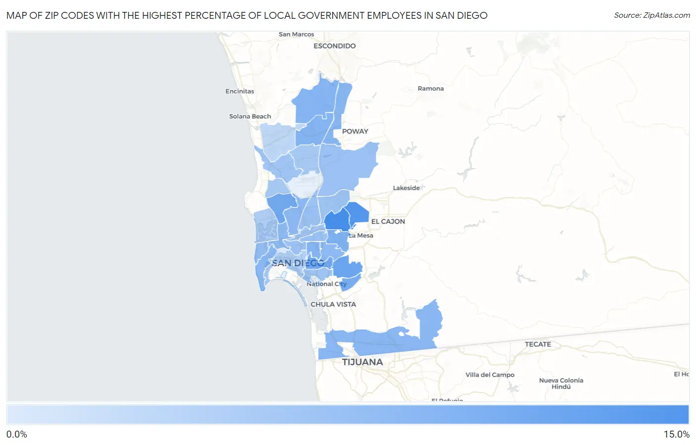 Zip Codes with the Highest Percentage of Local Government Employees in San Diego Map